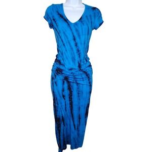 YOUNG FABULOUS & BROKE Blue Black Tie Dye Ruched V Neck Maxi Dress‎ Size S